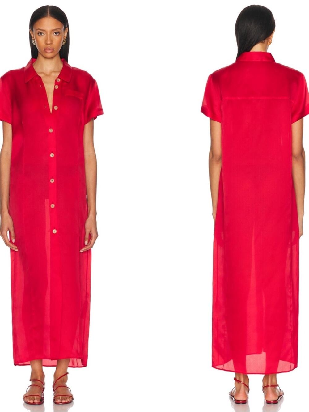 KHAITE Effy Silk Organza Button Down Red Midi Shirt Dress Size Medium
